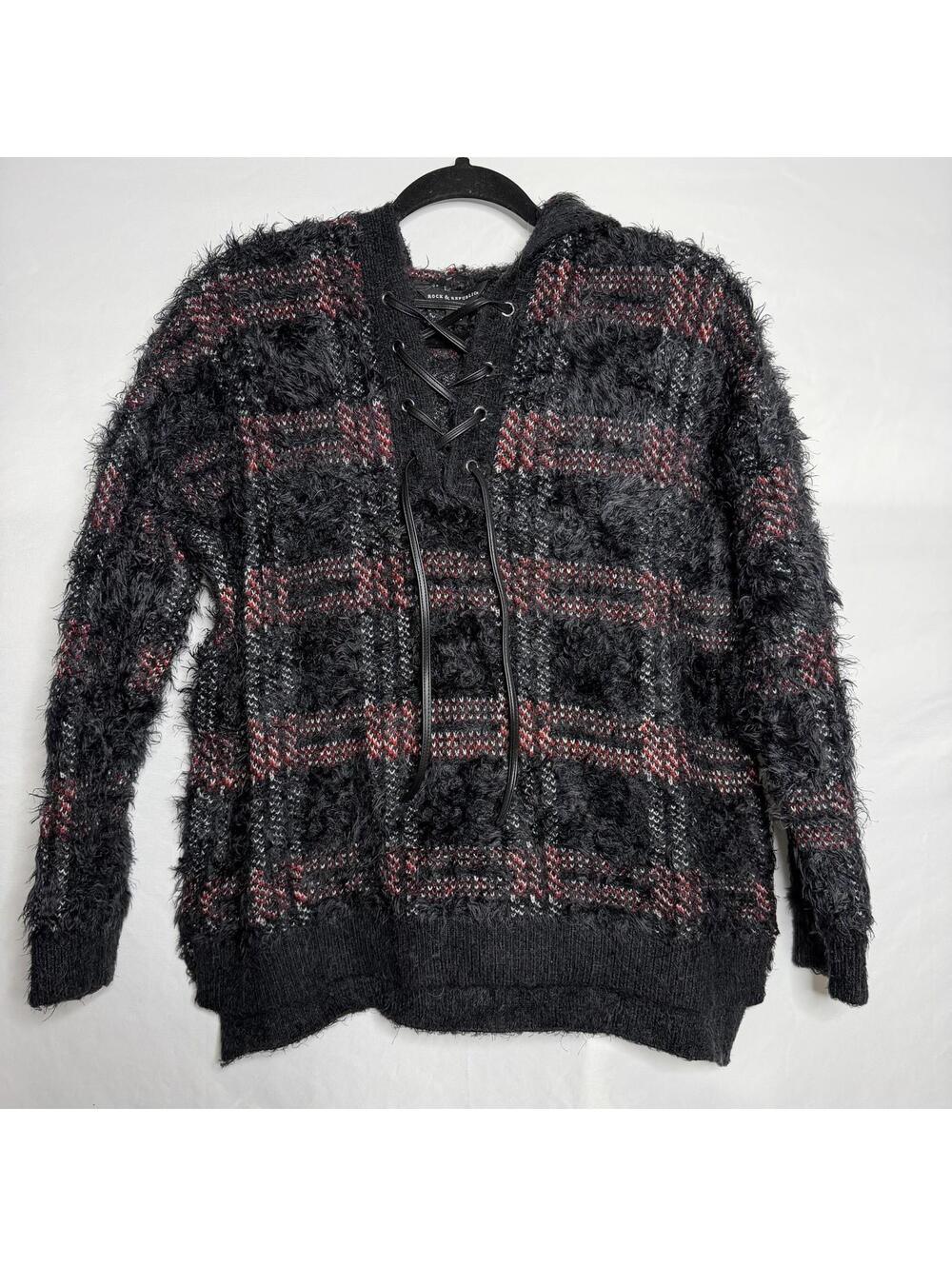 Rock & Republic Womens Multicolor Plaid Hooded Knitted Pullover Sweater Size L